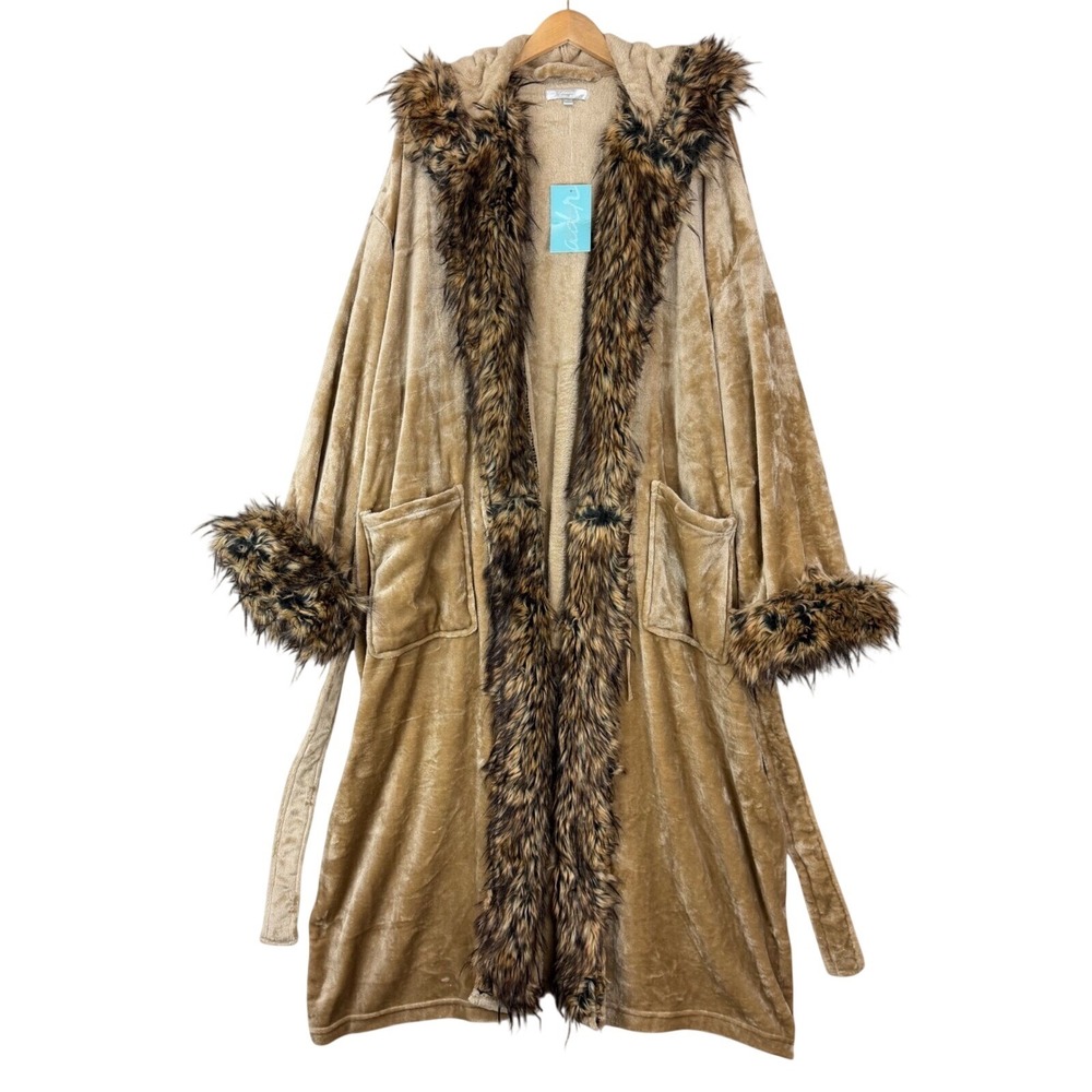 Alexander Del Rossa Tan Velvet Faux Fur Trim Hooded Robe Plus 3X/4X House Coat